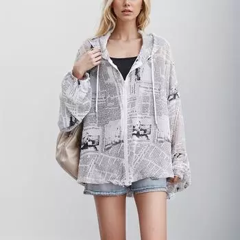 DIMANAF Женская блузка больших размеров, рубашки с газетным принтом, шифоновый тонкий кардиган на молнии, летние белые пальто большого размера белый