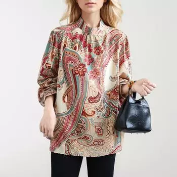 Dimanaf Женская блузка рубашка базовая одежда топы хлопок принт пэчворк повседневный свободный 2024 осень зеленый принт