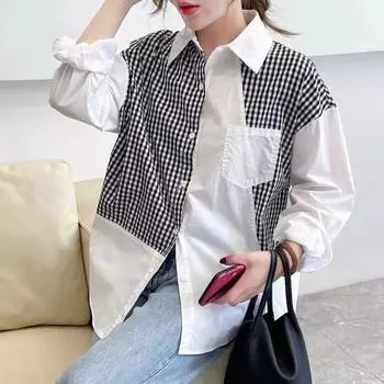 Dimanaf Женская блузка, рубашка, женские базовые топы, одежда из хлопка с принтом в клетку, пэчворк, повседневный свободный кардиган 2024 года, осень