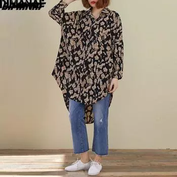 DIMANAF, женская блузка, рубашки, весенне-летние женские топы, туника большого размера, шифоновая, винтажная, с леопардовым принтом, свободная, повседневная, 2021, с длинным рукавом, Корея