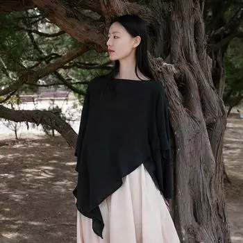 DIMANAF женская черная футболка льняная блузка нестандартной формы большого размера новая рубашка свободного покроя с рукавами «летучая мышь» модная летняя мода 2024 One Size чёрный