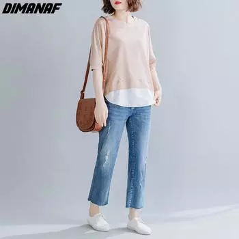 DIMANAF Женская футболка больших размеров «Летучая мышь», однотонные лоскутные хлопковые топы с круглым вырезом, свободные летние футболки 2022, новые футболки