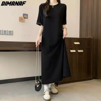 DIMANAF, женская футболка больших размеров, новинка 2024 года, однотонная летняя футболка оверсайз с круглым вырезом, повседневная хлопковая футболка с короткими рукавами, длинное платье