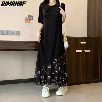 DIMANAF Женская футболка больших размеров, новинка 2024 года, летняя повседневная хлопковая футболка оверсайз с короткими рукавами, длинное платье, базовый цветочный принт