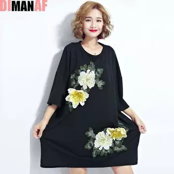 DIMANAF Женская футболка Летний стиль 2024 Хлопок с цветочным принтом и вышивкой Женский повседневный корейский модный черный топ большого размера