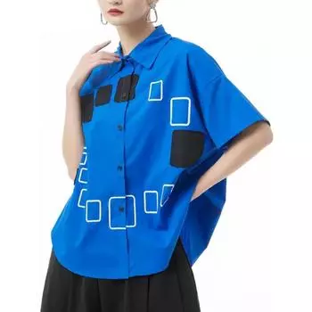 DIMANAF Женская синяя блузка с принтом большого размера, новая свободная рубашка с лацканами и половиной рукава, модная весна-лето 2024