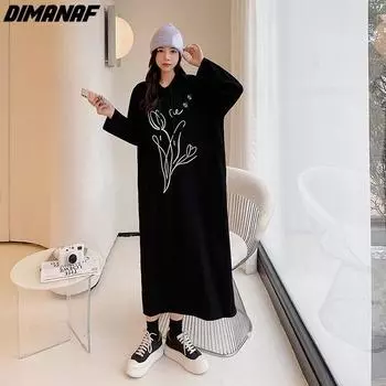 DIMANAF женские 2022 новые осенние толстовки и свитшоты платье элегантное длинное платье с цветочным принтом свободное платье платья с круглым вырезом