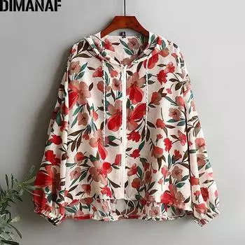 DIMANAF женские блузки рубашки летняя пляжная одежда женские топы туника оверсайз свободные шифоновые тонкие повседневные с длинным рукавом цветочный принт