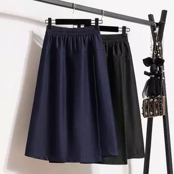 Dimanaf Женские большие размеры 2024, летние юбки с эластичной резинкой на талии, повседневные свободные винтажные длинные синие джинсовые юбки макси, базовая