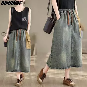 DIMANAF женские большие размеры весна лето джинсовые юбки с эластичной резинкой на талии повседневные свободные винтажные длинные карманные юбки макси 2024