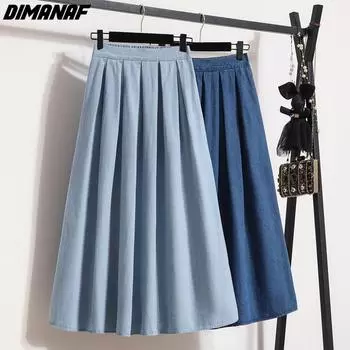 DIMANAF женские джинсовые юбки больших размеров весенние, синие, с высокой талией, летние джинсовые юбки с эластичной резинкой на талии, повседневные свободные однотонные юбки 2024