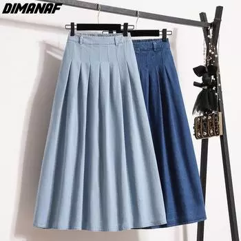 DIMANAF женские джинсовые юбки больших размеров весенне-летние джинсовые юбки с эластичной резинкой на талии, повседневные свободные однотонные винтажные юбки 2024, синие