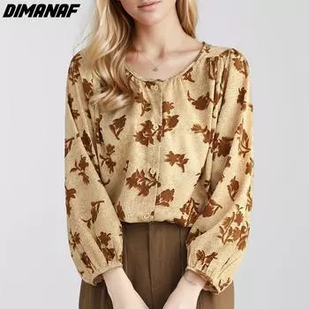 Dimanaf Женские рубашки больших размеров с цветочным принтом, элегантные топы, футболки, свободная модная повседневная блузка с длинным рукавом, летняя рубашка