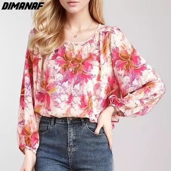 Dimanaf Женские рубашки больших размеров с цветочным принтом, элегантные топы, футболки, свободная модная повседневная блузка с длинным рукавом, летняя рубашка