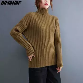 DIMANAF женские свитера больших размеров, водолазка в тонкую полоску, свободные повседневные осенне-зимние топы, вязаный винтажный пуловер 2021