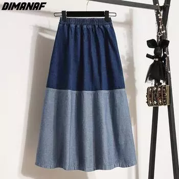 DIMANAF женские юбки больших размеров, джинсовая модная лоскутная женская одежда, юбка большого размера, синяя короткая юбка, свободная 3XL XL синий