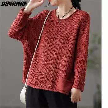 DIMANAF женский свитер больших размеров, свободный повседневный осенний вязаный базовый топ, футболка 2022, новый пуловер с круглым вырезом, красные свитера One Size чёрный