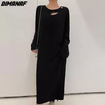 DIMANAF женское 2022 новое осеннее полосатое платье больших размеров элегантное длинное платье свободное платье с круглым вырезом черные платья макси 2XL чёрный