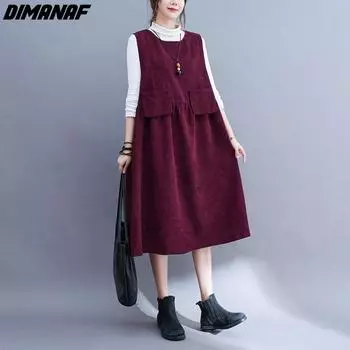 DIMANAF женское 2022 новое осеннее вельветовое платье-жилет большого размера, элегантное длинное платье, свободное платье, платья с круглым вырезом