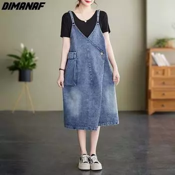 DIMANAF женское 2023 новое летнее платье джинсовое платье без рукавов жилет длинное платье свободные синие модные базовые платья