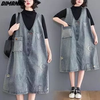 DIMANAF женское 2023 новое летнее платье джинсовое платье без рукавов элегантное длинное платье с v-образным вырезом на пуговицах свободные синие базовые платья XL синий
