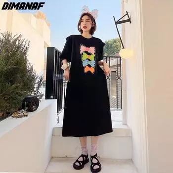 DIMANAF женское 2023 новое летнее стильное платье с узором и бантом, элегантное длинное платье с принтом, свободное платье, платья с круглым вырезом