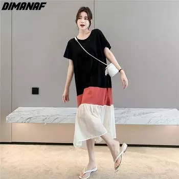 DIMANAF женское 2023 новое летнее стильное платье-футболка с круглым вырезом элегантное длинное платье в полоску свободное длинное платье платья