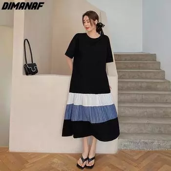 DIMANAF женское 2023 новое летнее стильное платье-футболка в полоску с принтом элегантное длинное платье свободное длинное платье с круглым вырезом платья L чёрный