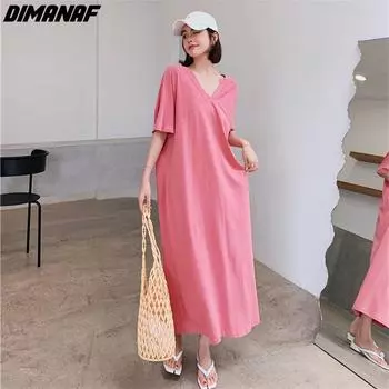 DIMANAF женское 2023 новое летнее стильное платье с однотонным принтом, элегантное длинное платье, свободное платье, платья с круглым вырезом 2XL чёрный