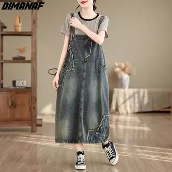 DIMANAF женское 2023 новое весеннее джинсовое платье элегантное длинное платье свободное платье базовые синие макси винтажные платья с карманами