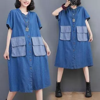 DIMANAF женское 2023 новое весеннее джинсовое платье элегантное длинное платье свободное платье с круглым вырезом базовые синие платья с карманами XL синий