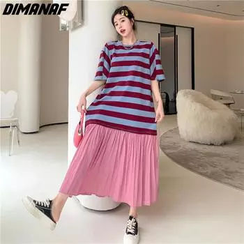 DIMANAF женское 2023 плюс размер новое летнее платье в полоску платье в стиле пэчворк длинное платье-футболка свободные модные розовые платья