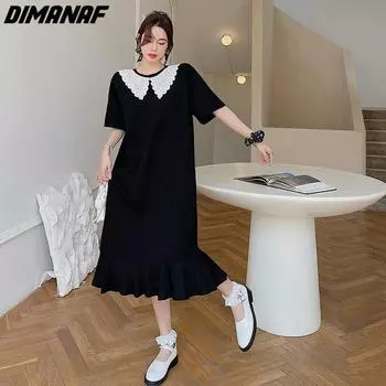 DIMANAF женское 2023 плюс размер новое летнее платье в полоску платье в стиле пэчворк кружевное длинное платье-футболка свободные модные базовые платья