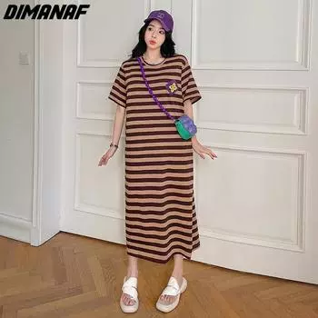 DIMANAF женское 2023 плюс размер новое летнее платье в полоску с узором длинное платье-футболка свободные модные базовые платья