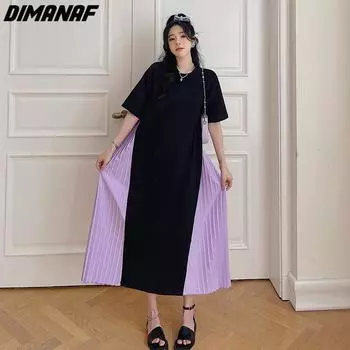 DIMANAF женское 2023 плюс размер новое летнее платье в полоску платье в стиле пэчворк длинное платье-футболка свободные базовые платья XL чёрный