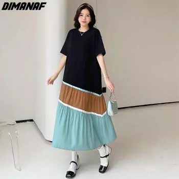 DIMANAF женское 2023 плюс размер новое летнее платье в полоску платье в стиле пэчворк длинное платье-футболка свободные модные базовые платья
