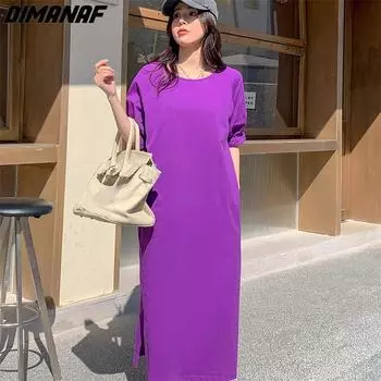 DIMANAF женское 2023 плюс размер новое летнее платье лоскутное длинное платье-футболка свободные модные базовые платья фиолетового цвета
