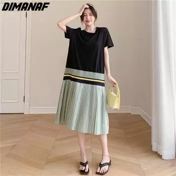 DIMANAF женское 2023 плюс размер новое летнее полосатое платье длинное платье-футболка лоскутное свободное модное базовое платье