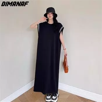 DIMANAF женское 2023 плюс размер новое летнее однотонное платье длинное платье-футболка свободные модные базовые платья макси больших размеров XL чёрный