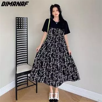DIMANAF женское 2023 плюс размер новое летнее платье с цветочным принтом платье в стиле пэчворк шифоновое длинное платье-футболка свободные модные базовые платья XL чёрный