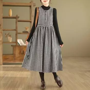 DIMANAF женское 2024 большие размеры весеннее платье в стиле оверсайз винтажное длинное платье в клетку с принтом мягкое базовое свободное платье больших размеров