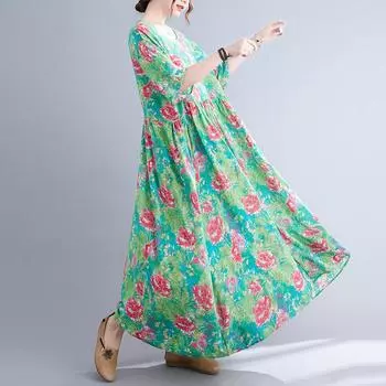 DIMANAF женское 2024 большие размеры весна-лето оверсайз стильное платье пляжное элегантное длинное платье с цветочным принтом свободное платье оверсайз