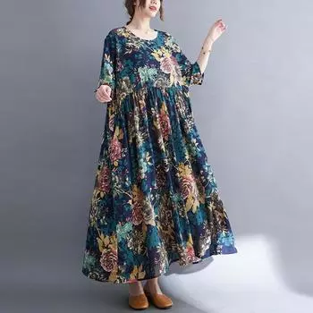 DIMANAF женское 2024 большие размеры весна-лето оверсайз стильное платье пляжное элегантное длинное платье с цветочным принтом свободное платье оверсайз One Size темно-коричневого