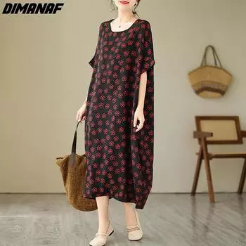 DIMANAF женское 2024 большие размеры весна-лето свободное платье оверсайз элегантное длинное платье с цветочным принтом длинное платье One Size чёрный