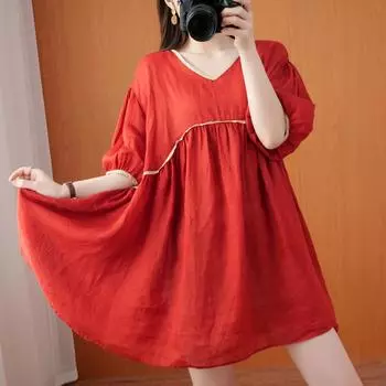 DIMANAF женское 2024 большие размеры весна лето оверсайз свободное платье с рукавами «летучая мышь» винтажное элегантное женское платье хлопковое красное