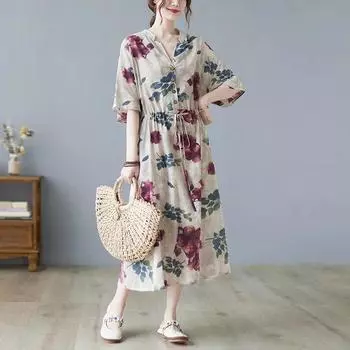 DIMANAF женское 2024 летнее стильное платье, льняное элегантное длинное платье с цветочным принтом и пуговицами, свободное платье больших размеров с поясом
