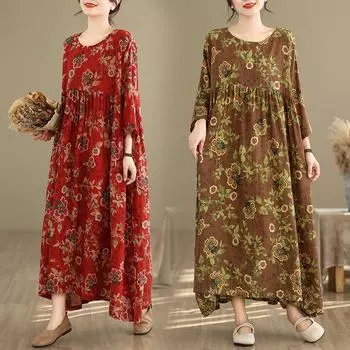 DIMANAF женское 2024 платье больших размеров весна-лето в винтажном стиле элегантное льняное длинное платье с цветочным принтом базовое свободное платье
