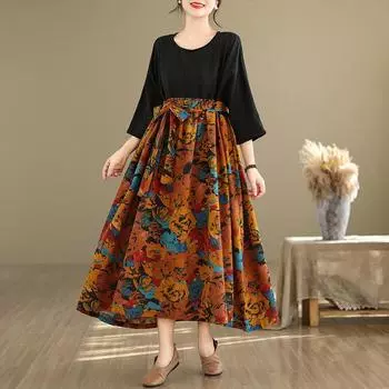 DIMANAF женское 2024 платье больших размеров весна-лето в винтажном стиле элегантное льняное длинное платье большого размера базовое свободное платье