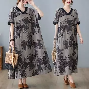 DIMANAF женское 2024 плюс размер летнее платье оверсайз стиль пляжное длинное платье с v-образным вырезом и цветочным принтом свободное короткое платье