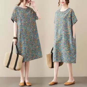 DIMANAF женское 2024 плюс размер летнее платье оверсайз стильное пляжное элегантное длинное платье с цветочным принтом свободное короткое платье8341